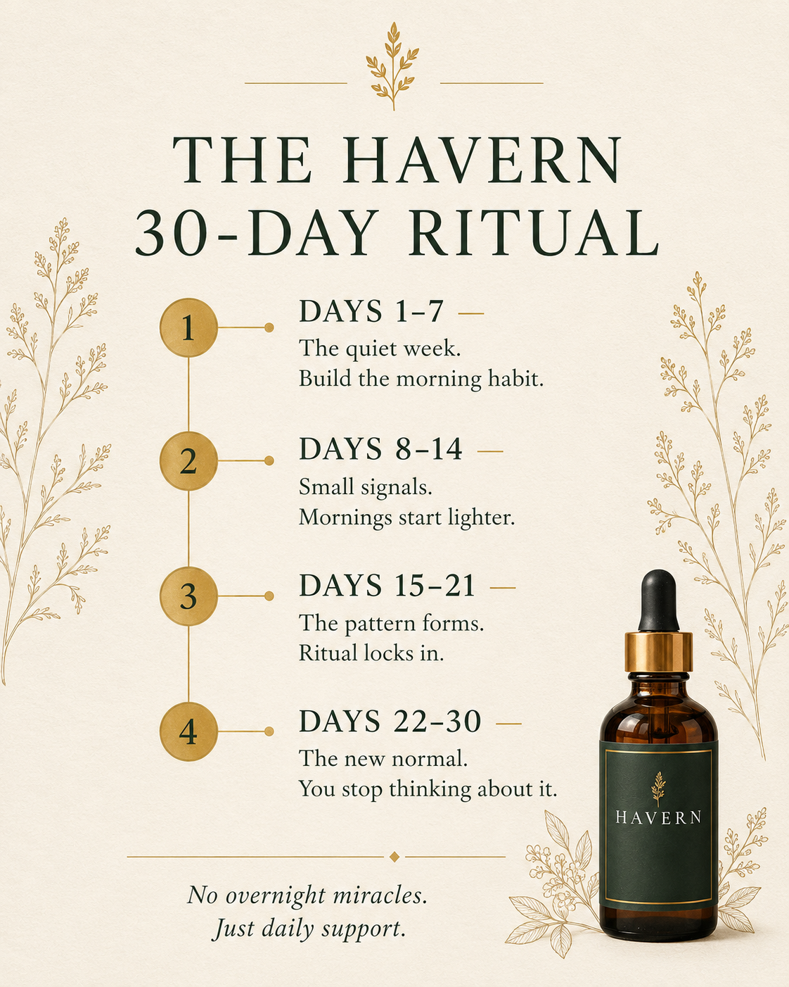 The Havern 30-Day Ritual — honest timeline infographic: days 1–7 build the habit, 8–14 small signals, 15–21 pattern forms, 22–30 the new normal
