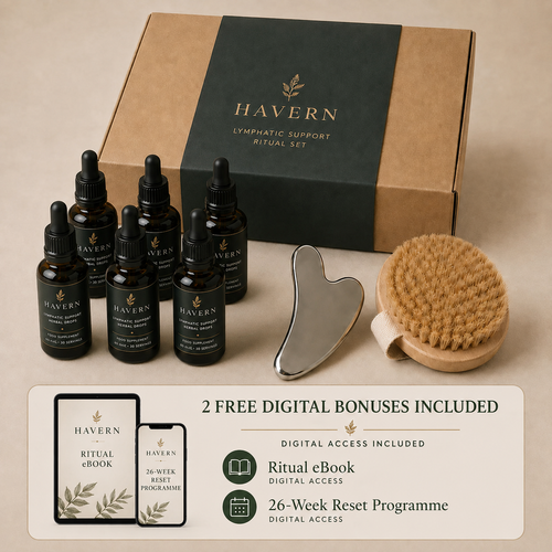 Havern 180-Day Reset Programme gift box — 6 bottles of Lymphatic Support Herbal Drops, gua sha, dry body brush, plus Ritual eBook and 26-Week Reset Programme digital access