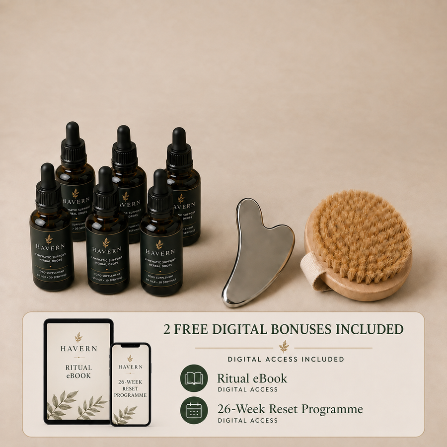 Havern 180-Day Lymphatic Drainage Reset set: bottles of Lymphatic Support Herbal Drops with a gua sha tool and dry body brush